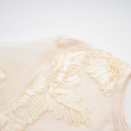 Franca Neutrals Floral Embroidery Dress with Mesh Detailing and Ruffled Cuffs