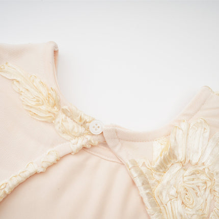 Franca Neutrals Floral Embroidery Dress Long Sleeve Round Neck Ruffled Cuffs Mesh Detailing Elegant Sophisticated Thigh Length