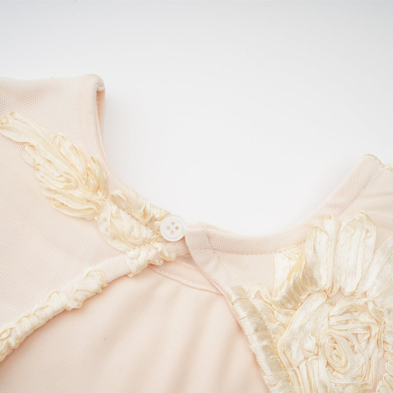 Franca Neutrals Floral Embroidery Dress Long Sleeve Round Neck Ruffled Cuffs Mesh Detailing Elegant Sophisticated Thigh Length