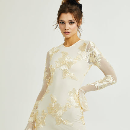 Franca Neutrals Floral Embroidery Dress With Long Sleeves and Scoop Back