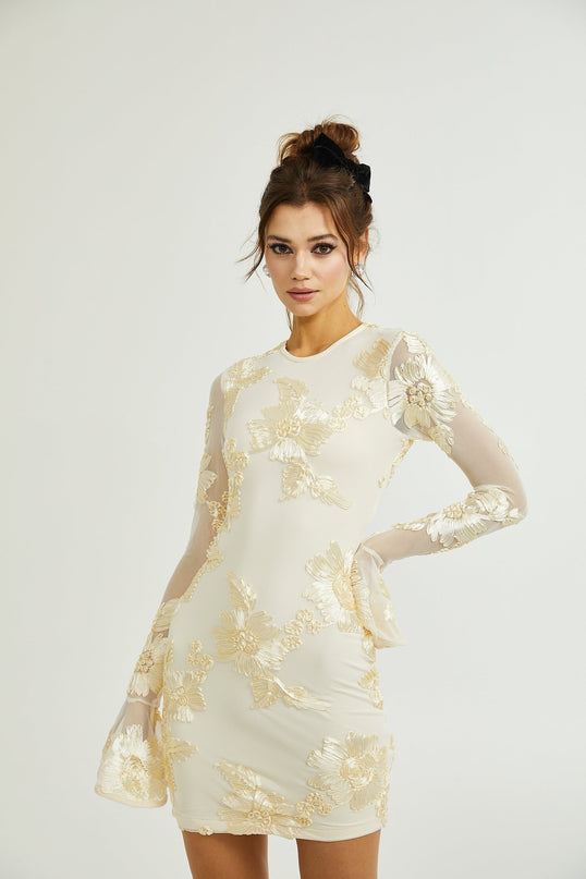 Franca Neutrals Floral Embroidery Dress With Long Sleeves and Scoop Back