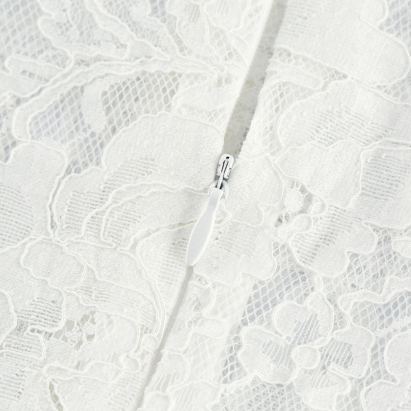 Franca White A-Line Midi Dress with Cut-Out Design and Lace-Trim Flounce Hem