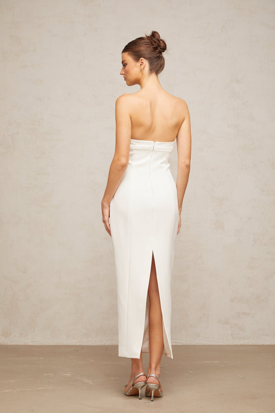 Franca White Corset Style Midi Dress with Bow Detail and Crystal Embellishments