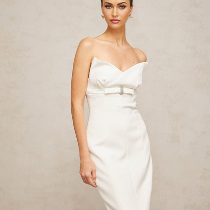 Franca White Corset Style Midi Dress with Bow Detail and Crystal Embellishments