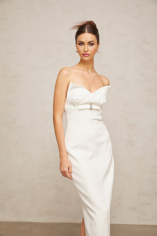 Franca White Corset Style Midi Dress with Bow Detail and Crystal Embellishments