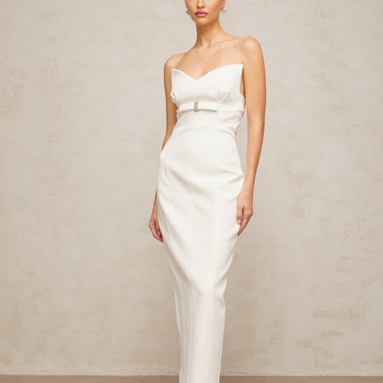 Franca White Corset Style Midi Dress with Bow Detail and Crystal Embellishments