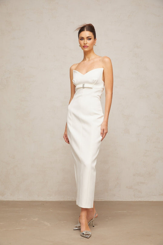 Franca White Corset Style Midi Dress with Bow Detail and Crystal Embellishments