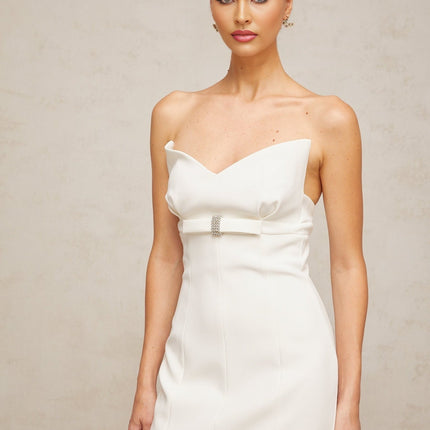 Franca White Corset Style Midi Dress with Bow Detail and Crystal Embellishments