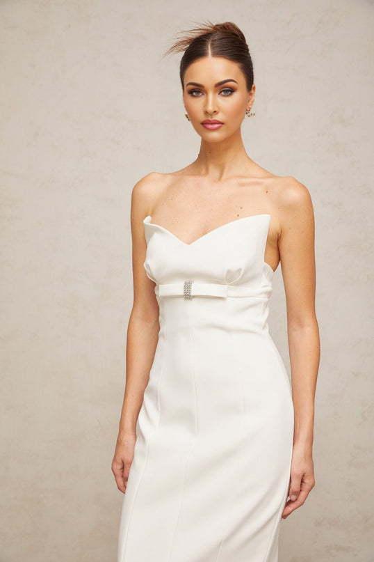Franca White Corset Style Midi Dress with Bow Detail and Crystal Embellishments