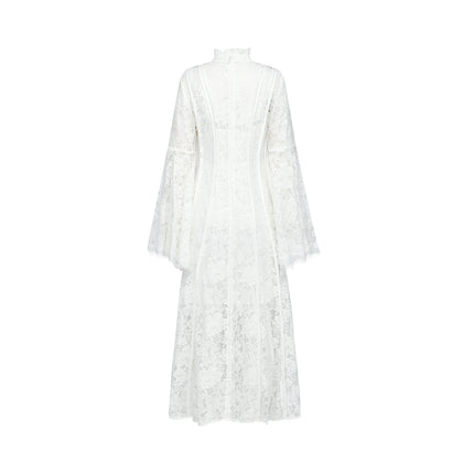Franca White Lace Trim Flounce Hem A-Line Midi Dress