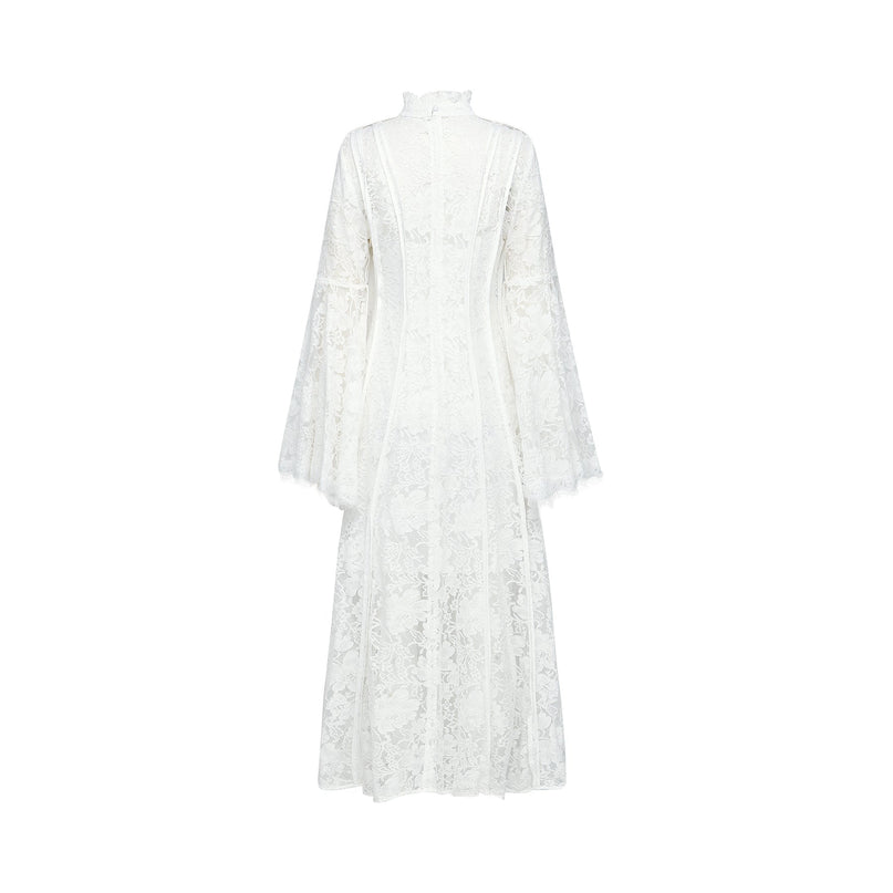 Franca White Lace Trim Flounce Hem A-Line Midi Dress