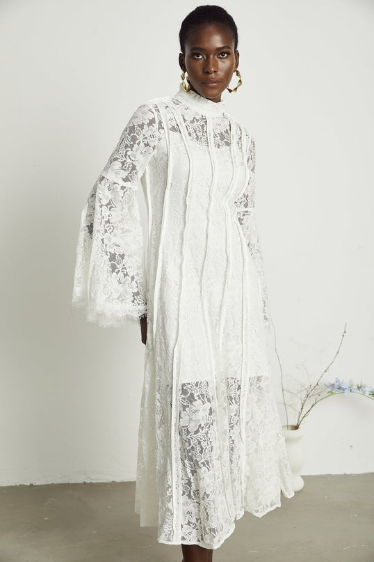 Franca White Lace Trim Flounce Hem Midi Dress