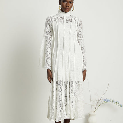 Franca White Lace Trim Flounce Hem Midi Dress