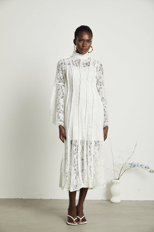 Franca White Lace Trim Flounce Hem Midi Dress