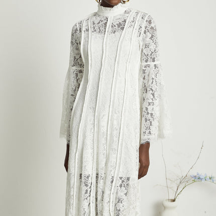Franca White Lace Trim Flounce Hem Midi Dress