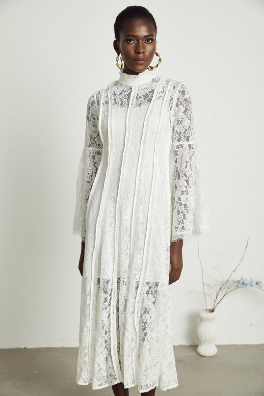 Franca White Lace Trim Flounce Hem Midi Dress