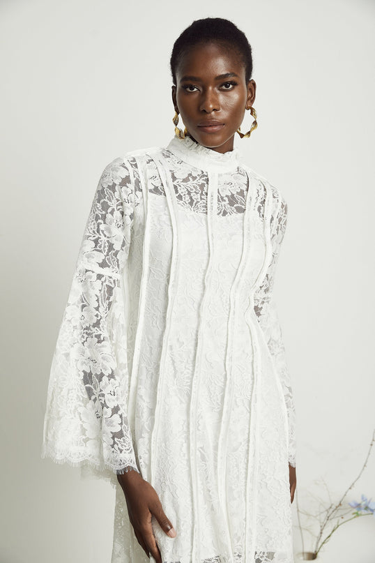 Franca White Lace Trim Flounce Hem Midi Dress