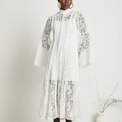 Franca White Lace Trim Flounce Hem Midi Dress
