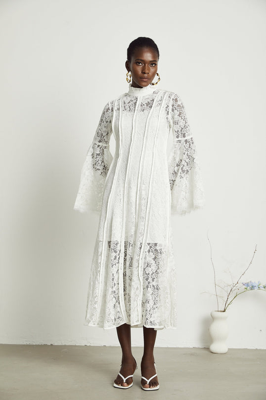 Franca White Lace Trim Flounce Hem Midi Dress