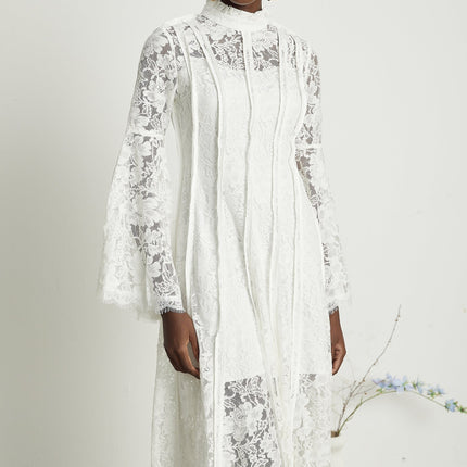 Franca White Lace Trim Flounce Hem Midi Dress