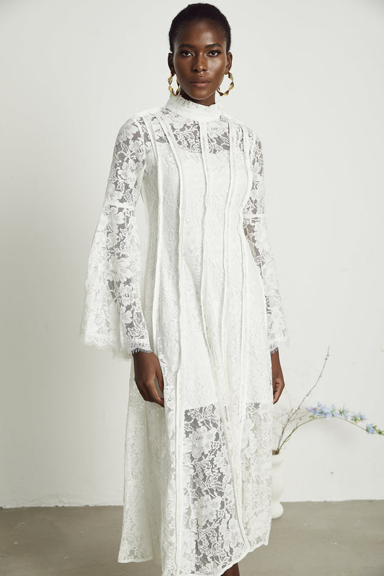 Franca White Lace Trim Flounce Hem Midi Dress