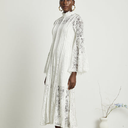 Franca White Lace Trim Flounce Hem Midi Dress