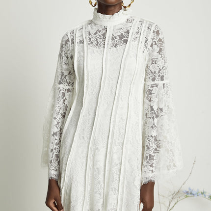 Franca White Lace Trim Flounce Hem Midi Dress