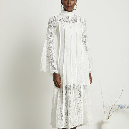 Franca White Lace Trim Flounce Hem Midi Dress