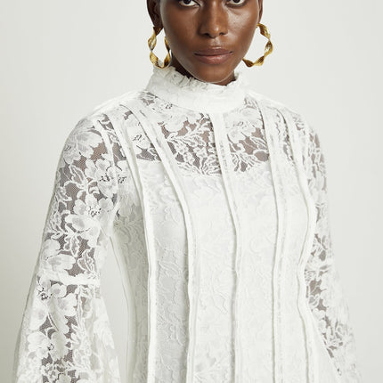 Franca White Lace Trim Flounce Hem Midi Dress