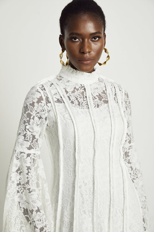 Franca White Lace Trim Flounce Hem Midi Dress