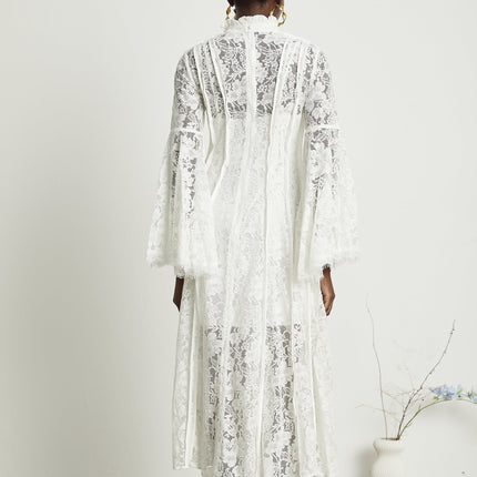 Franca White Lace Trim Midi Dress A-line Silhouette Flounce Hem Crew Neck Long Sleeves Rear Zip Fastening 100% Terylene Special Occasion Elegant Sophisticated Fashion-forward Design