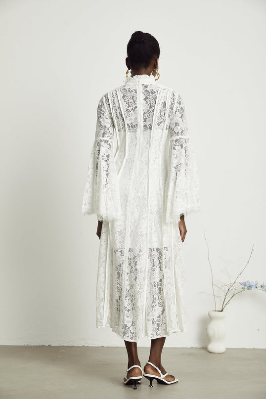 Franca White Lace Trim Midi Dress A-line Silhouette Flounce Hem Crew Neck Long Sleeves Rear Zip Fastening 100% Terylene Special Occasion Elegant Sophisticated Fashion-forward Design