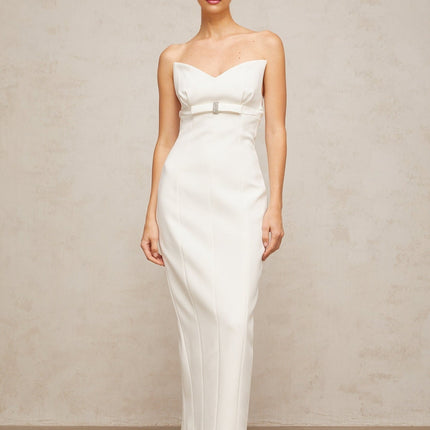 Franca White Corset Bow Detail Crystal Embellished Midi Dress