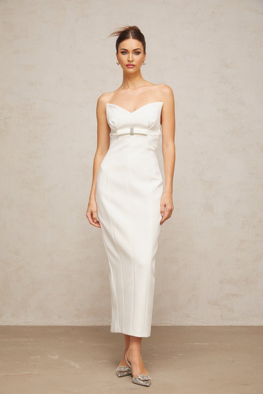Franca White Corset Bow Detail Crystal Embellished Midi Dress