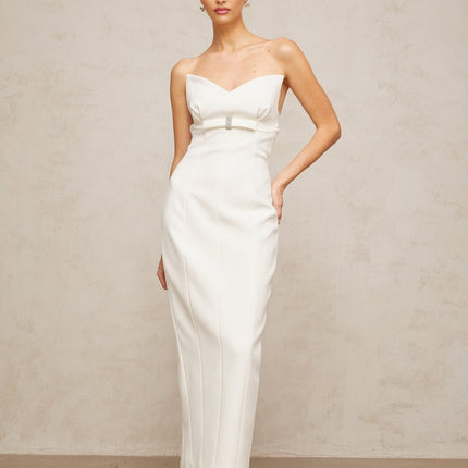Franca White Corset Bow Detail Crystal Embellished Midi Dress with Rear Slit