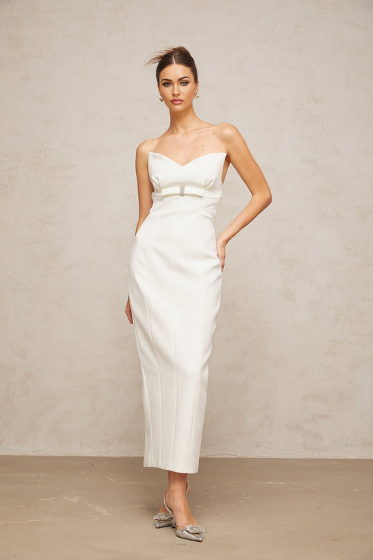 Franca White Corset Bow Detail Crystal Embellished Midi Dress with Rear Slit