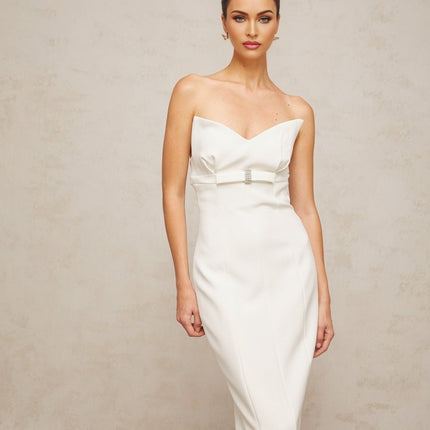 Franca White Corset Style Midi Dress with Bow Detail and Crystal Embellishments