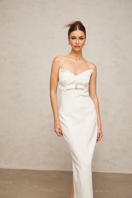 Franca White Corset Style Midi Dress with Bow Detail and Crystal Embellishments
