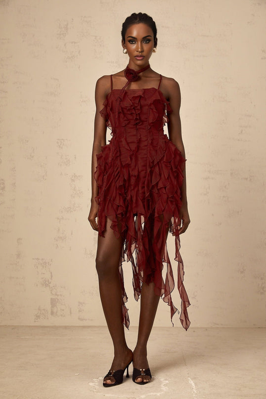 Franca Wine Red Mini Dress Terylene Fiber Square Neck Sleeveless Spaghetti Straps Ruffled Detailing Ribbon Design Rose Choker Rear Zip Fastening Thigh Length