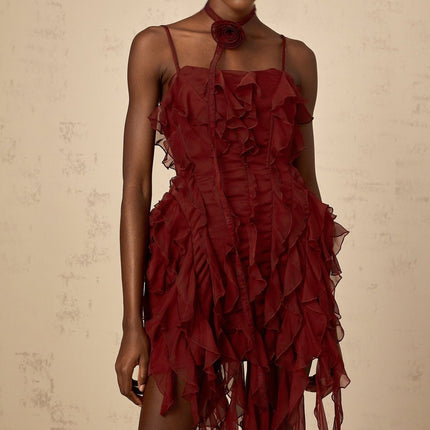 Franca Wine Red Mini Dress Square Neck Sleeveless Spaghetti Straps Ruffled Ribbon Design Rose Choker Rear Zip Fastening Thigh Length