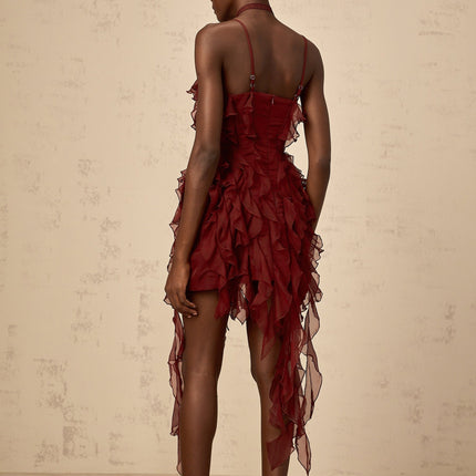 Franca Wine Red Mini Dress Terylene Fiber Square Neck Sleeveless Spaghetti Straps Ruffled Ribbon Design Rose Choker Rear Zip Fastening Thigh Length
