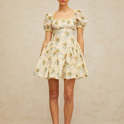 Franca Yellow Floral Mini Dress with Puff Sleeves