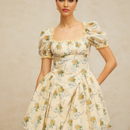 Franca Yellow Floral Mini Dress with Puff Sleeves and Cinched Waist