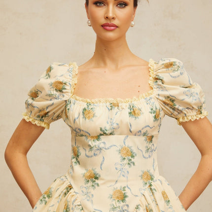 Franca Yellow Floral Mini Dress with Puff Sleeves and Cinched Waist