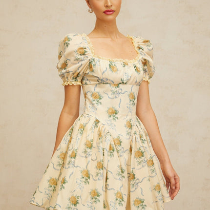 Franca Yellow Floral Mini Dress Scoop Neck Puff Sleeves Cinched Waist Lace Trim