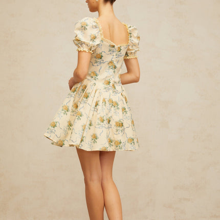 Franca Yellow Floral Mini Dress Terylene Fiber Women's Fashion