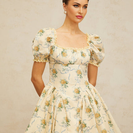 Franca Yellow Floral Mini Dress with Puff Sleeves and Cinched Waist