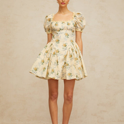 Franca Yellow Floral Mini Dress with Puff Sleeves and Cinched Waist