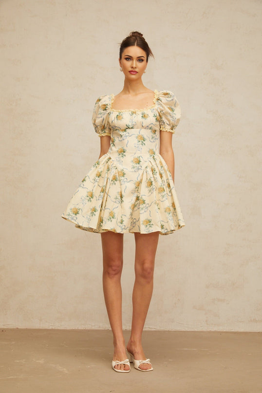 Franca Yellow Floral Mini Dress with Puff Sleeves and Cinched Waist