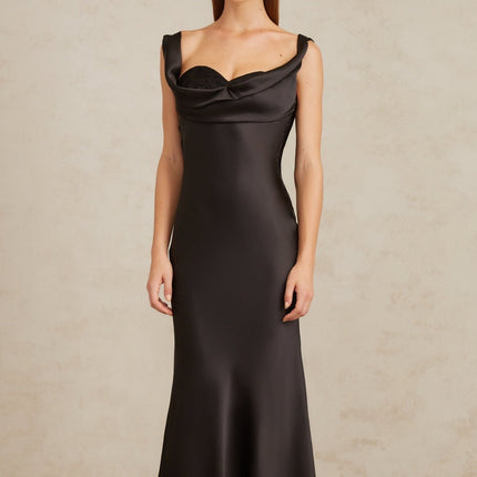 Frances Black Satin Corset Maxi Dress Cowl Neck Sleeveless Self-Tie Detail Built-In Cups Cinched Waist Side Zip Fastening